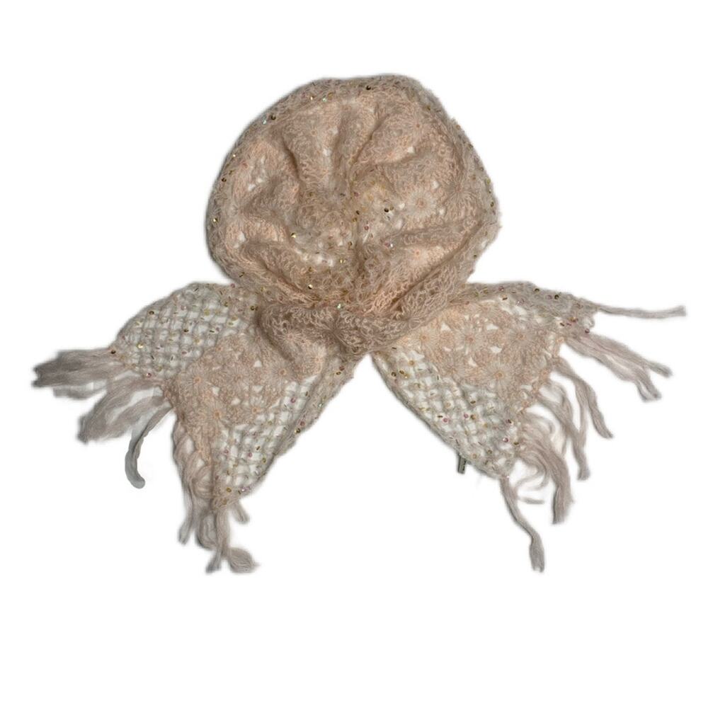 Y2K Pink Wool Blend Sequin FLoral Lattice Scarf